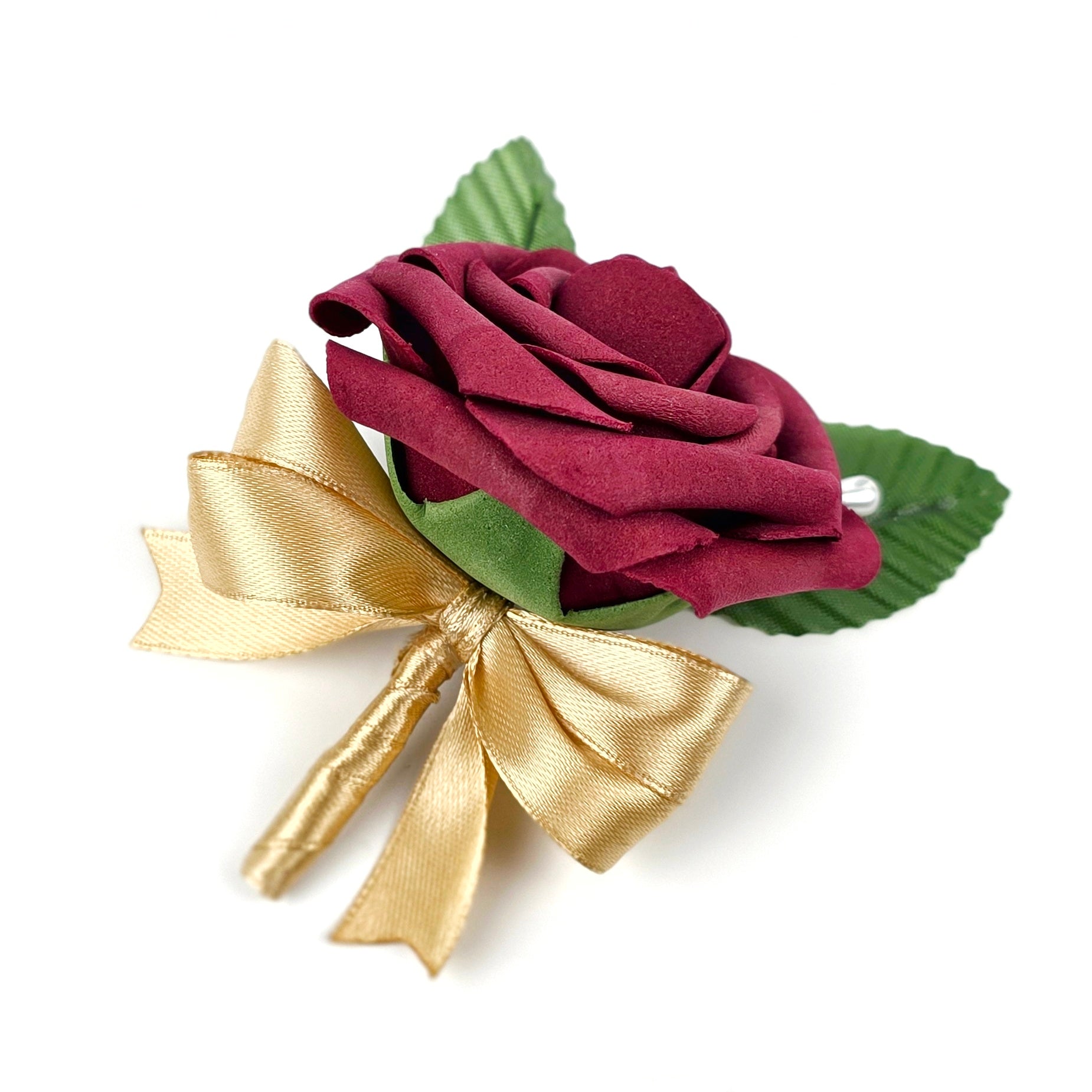 Burgundy rose boutonniere with gold ribbon