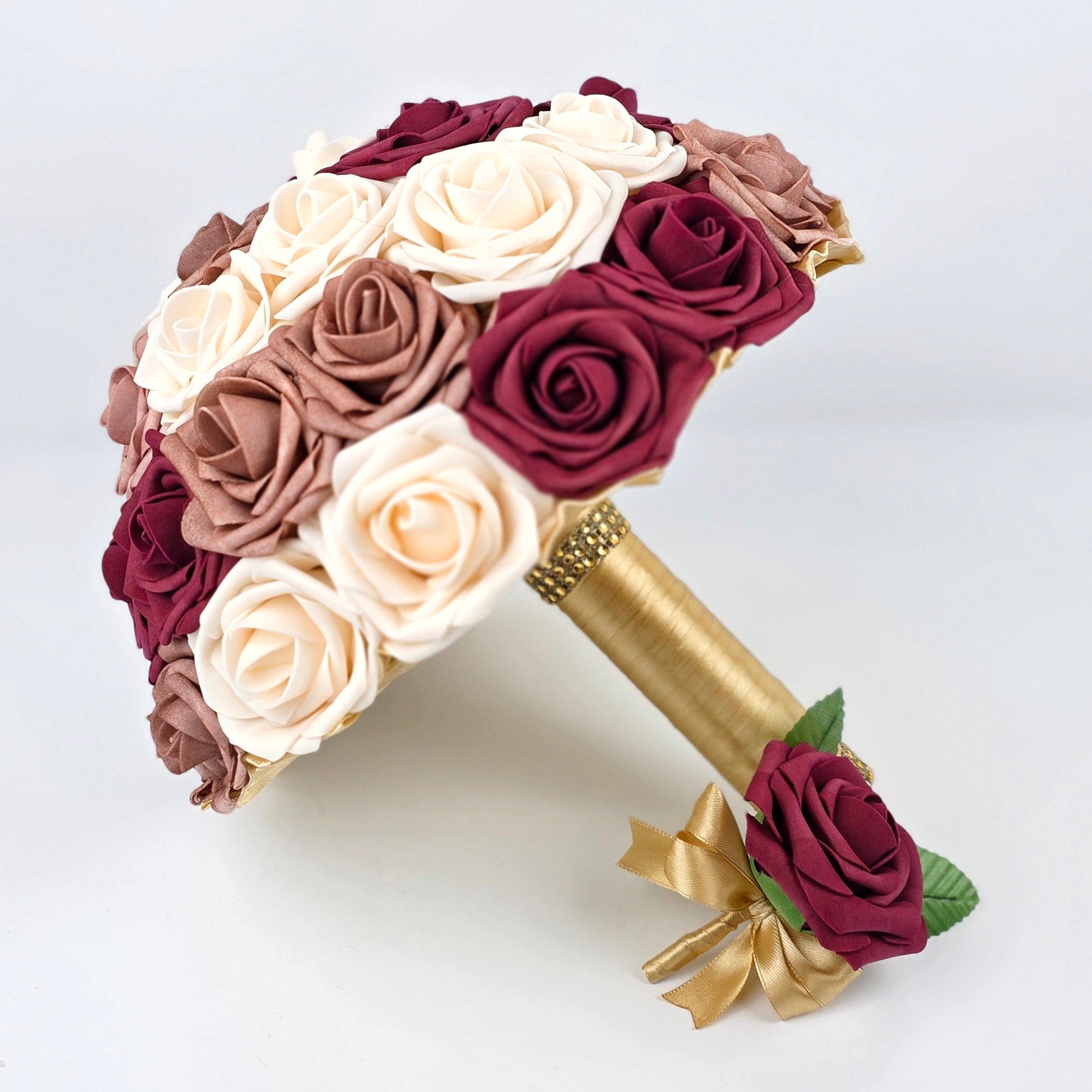 Burgundy, cream, and dusty rose 10 inch bouquet with matching boutonniere