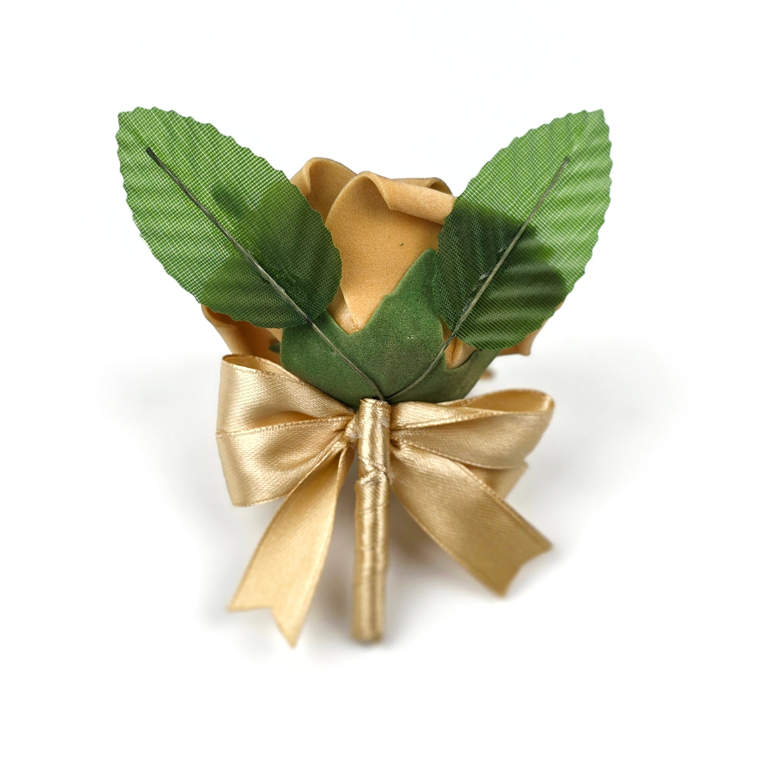 The back of a gold rose boutonniere