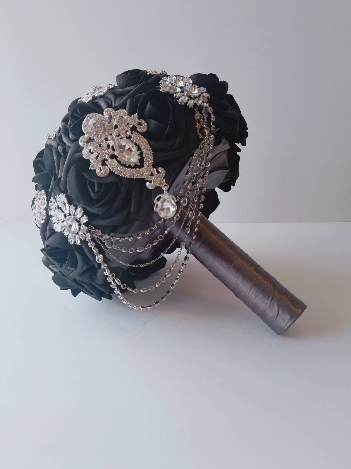 Cascading Black Brooch Bridal Bouquet With Chain, Available Matching Boutonnieres and Corsages, Available In 27 Colors, Gothic Bouquet