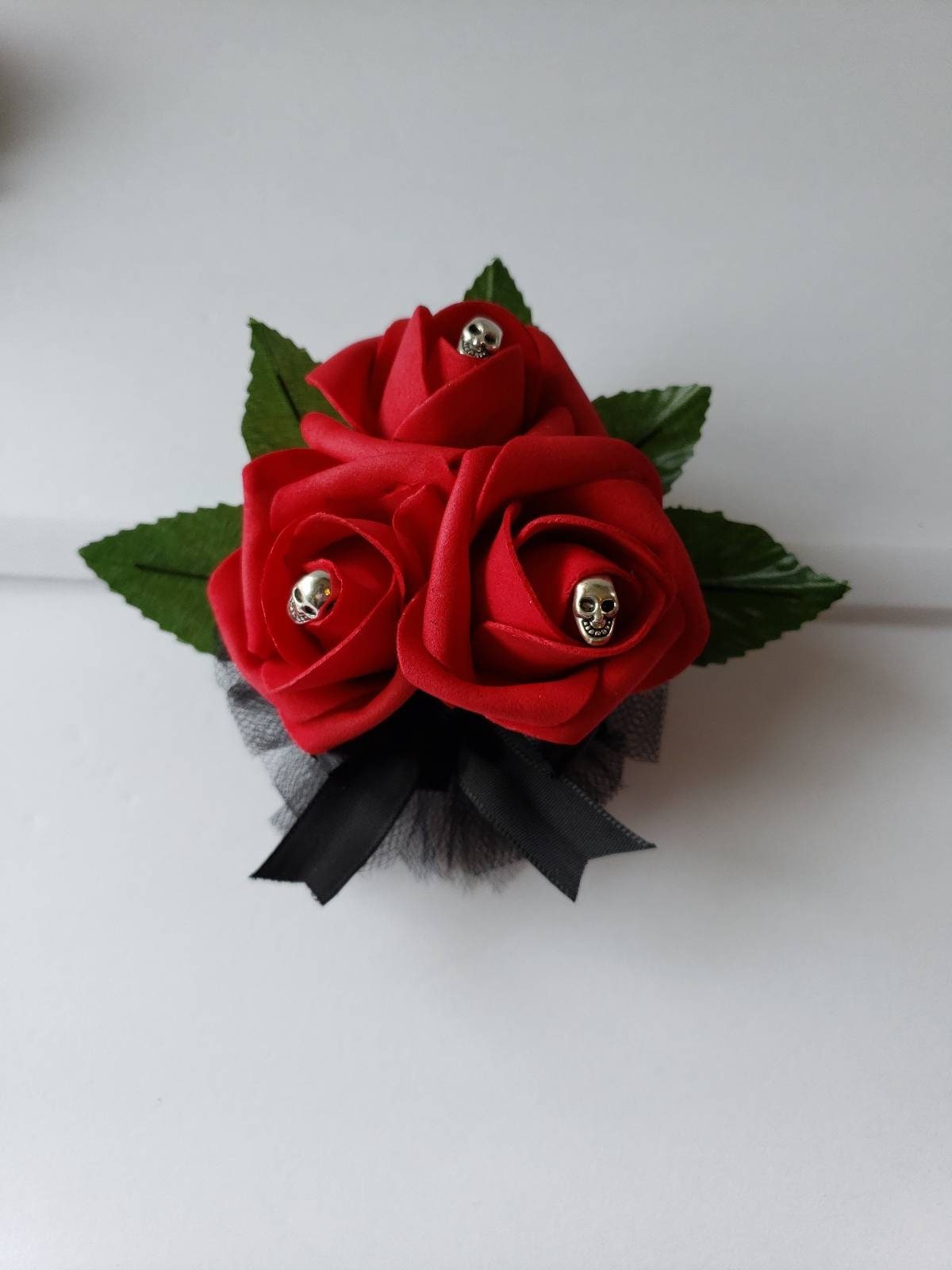 Gothic Skull Black And Gold Boutonnieres and Corsages, Corsages Available In Pin On And Wrist, Matching Bouquets Available