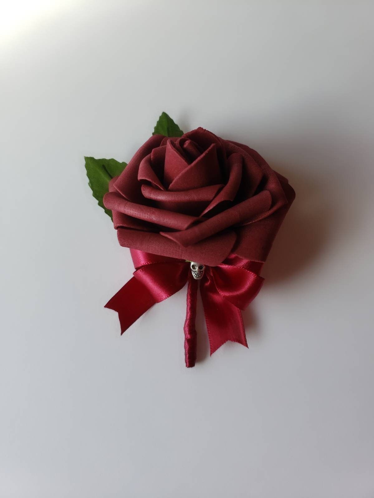 Gothic Skull Burgundy Boutonniere, Goth Corsage, 25 Colors Available, Corsages Available In Pin On And Wrist, Matching Bouquets Available