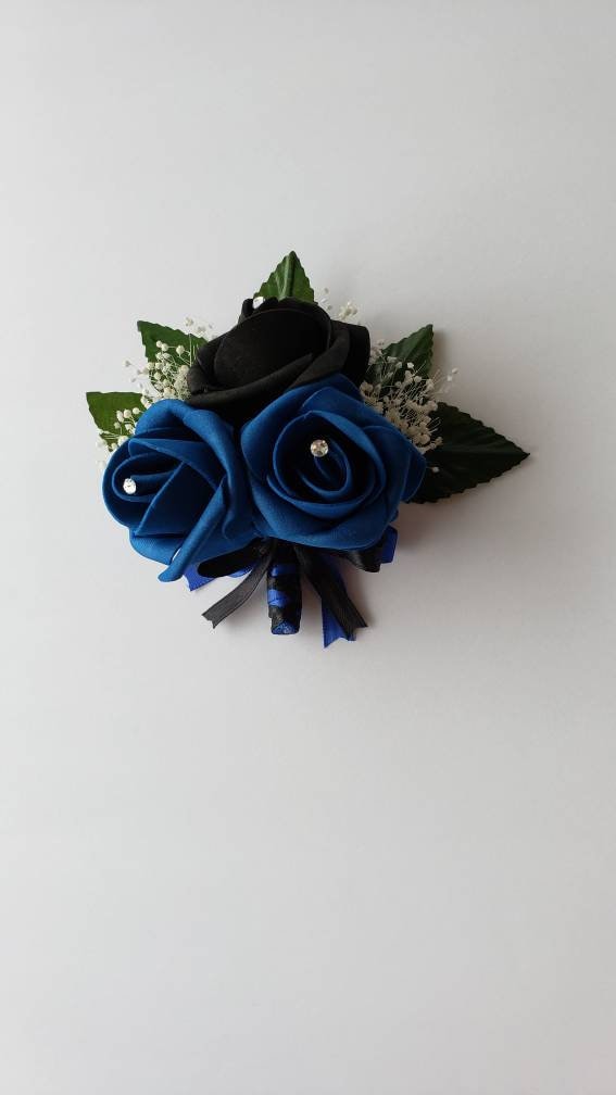 Black And Royal Blue corsage With French Twist Stem And Rhinestones On Roses. Men's Boutonniere,27 Colors Available,Matching Bouquets