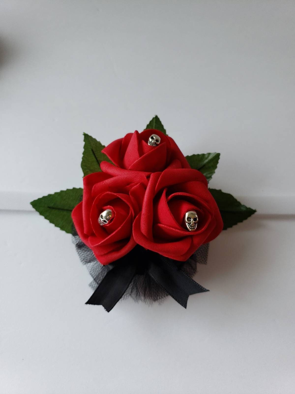 Gothic Skull Burgundy Boutonniere, Goth Corsage, 25 Colors Available, Corsages Available In Pin On And Wrist, Matching Bouquets Available