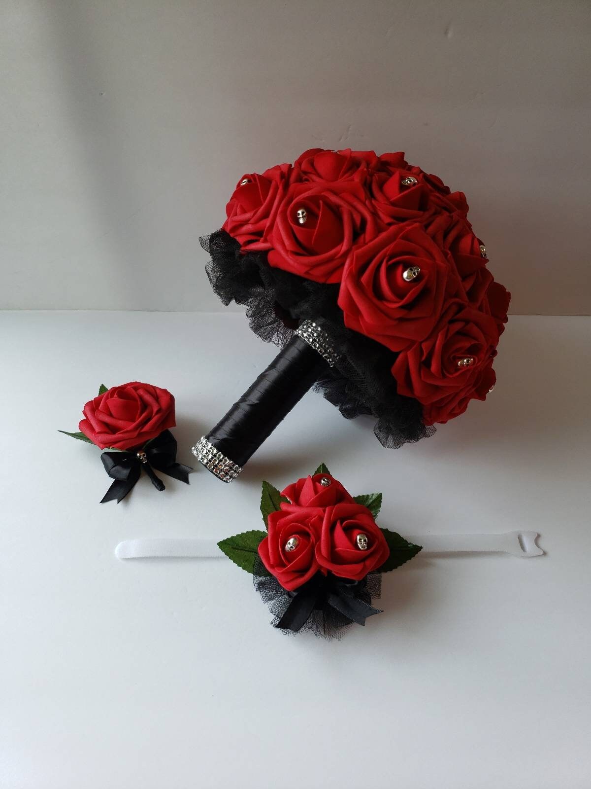Gothic Skull Burgundy Boutonniere, Goth Corsage, 25 Colors Available, Corsages Available In Pin On And Wrist, Matching Bouquets Available