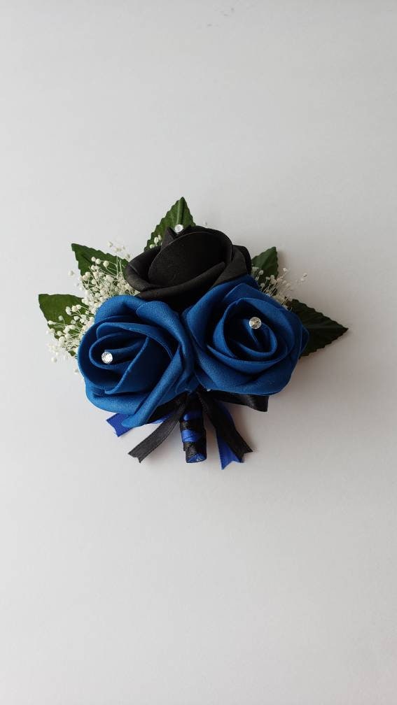 Black And Royal Blue Boutonniere With French Twist Stem And Rhinestones On Roses. Men's Boutonniere,27 Colors Available,Matching Bouquets
