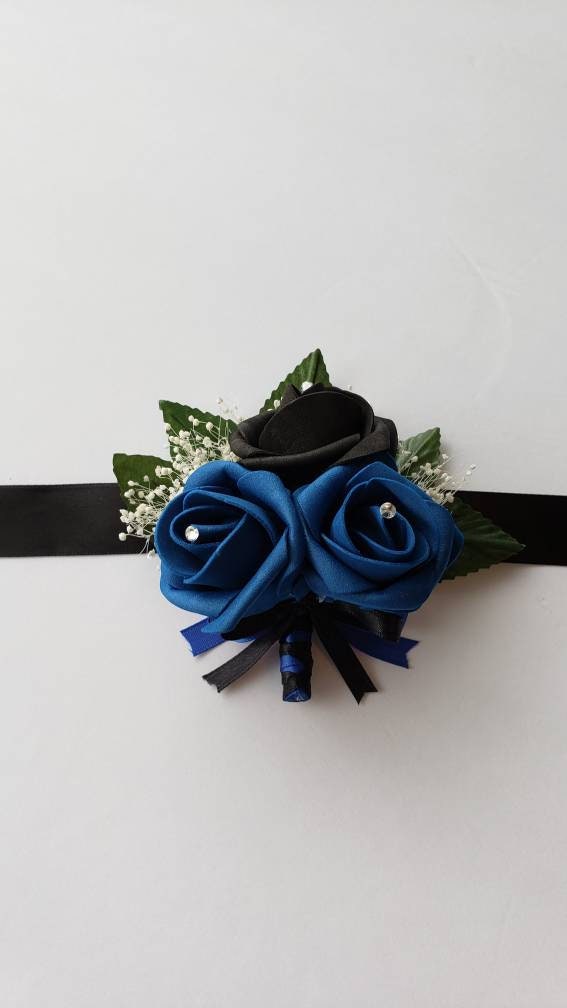 Black And Royal Blue Boutonniere With French Twist Stem And Rhinestones On Roses. Men's Boutonniere,27 Colors Available,Matching Bouquets