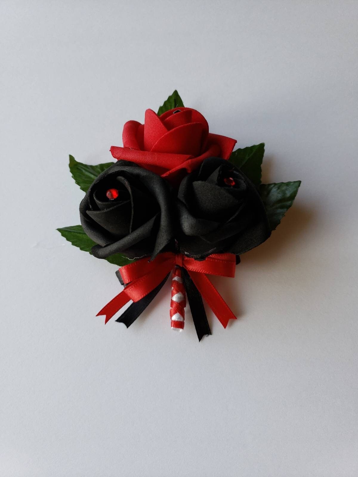 Black And Royal Blue Boutonniere With French Twist Stem And Rhinestones On Roses. Men's Boutonniere,27 Colors Available,Matching Bouquets