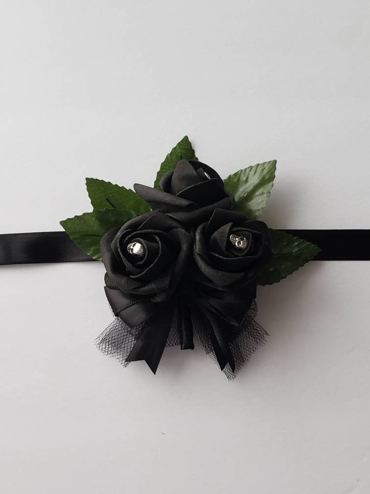Gothic Skull Black Corsages and Boutonnieres, Corsages Available In Pin On And Wrist, Matching Bouquets Available