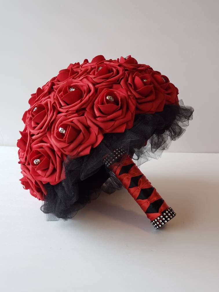 Gothic Skull Red and Black Wedding Bouquet,Bridal Bouquet, Bridesmaid Bouquet, Matching Corsages and Boutonnieres, Halloween Wedding