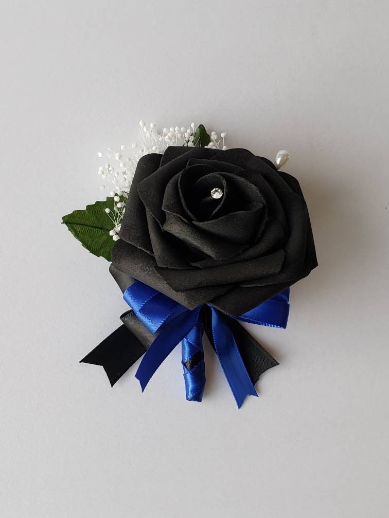 Black And Royal Blue corsage With French Twist Stem And Rhinestones On Roses. Men's Boutonniere,27 Colors Available,Matching Bouquets