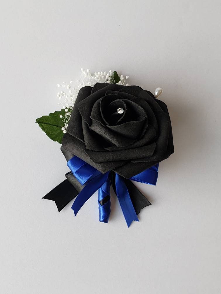 Black And Royal Blue Boutonniere With French Twist Stem And Rhinestones On Roses. Men's Boutonniere,27 Colors Available,Matching Bouquets