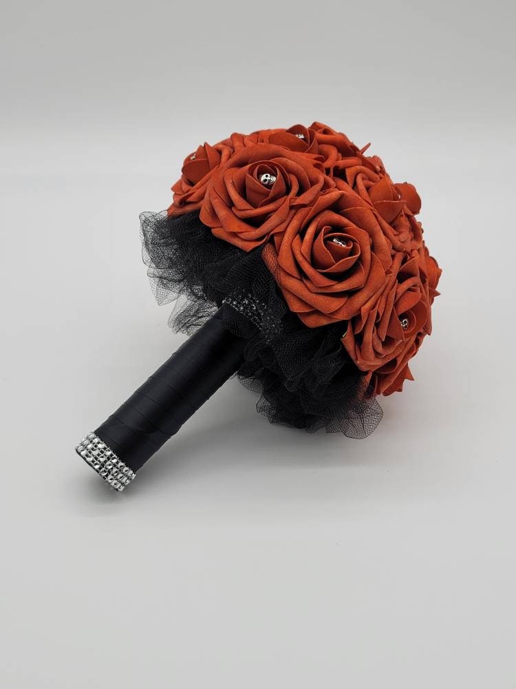Gothic Skull Burnt Orange And Black Wedding Bouquet, Bridal Bouquet,Bridesmaid Bouquet,Matching Corsages and Boutonnieres, Halloween Wedding