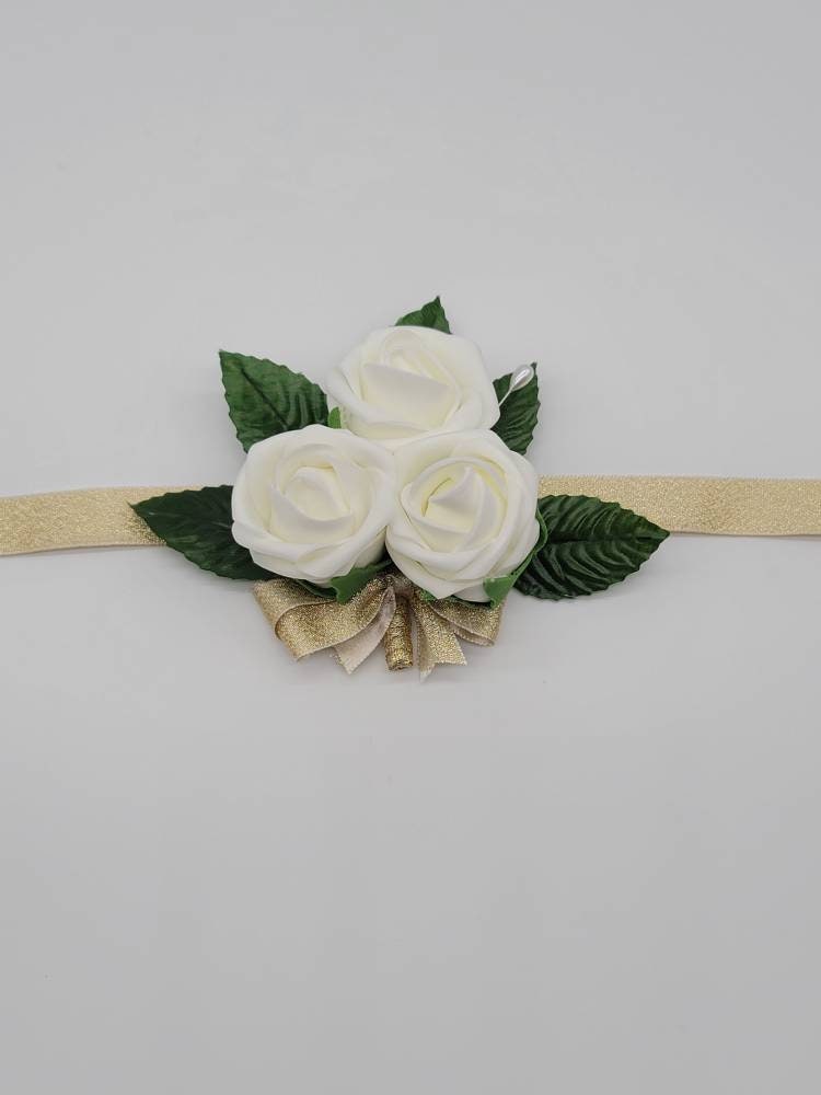 Ivory and Gold Wedding Bouquet Made With Real Touch Roses, Bridal Bouquet, Bridesmaid Bouquet and Matching Boutonnieres and Corsages