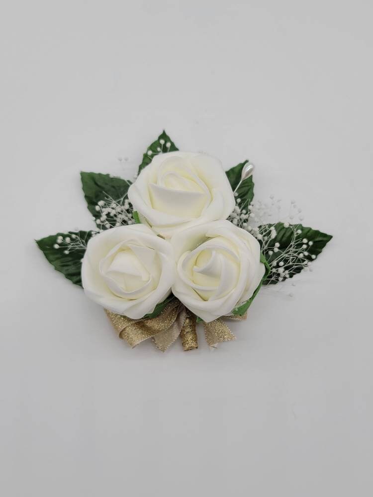 Ivory and Gold Wedding Bouquet Made With Real Touch Roses, Bridal Bouquet, Bridesmaid Bouquet and Matching Boutonnieres and Corsages