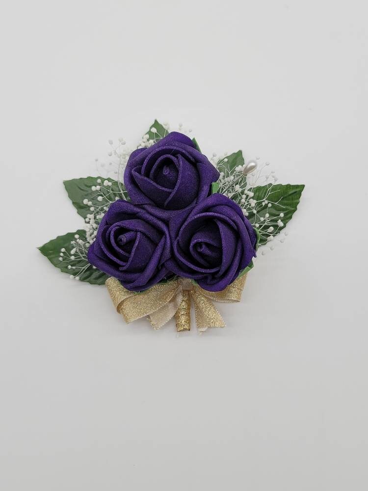Dark Purple And Gold Boutonnieres And Corsages, 27 Colors Available, Corsages Available In Pin On And Wrist,Matching Bouquets Available