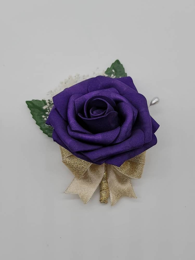 Dark Purple And Gold Boutonnieres And Corsages, 27 Colors Available, Corsages Available In Pin On And Wrist,Matching Bouquets Available