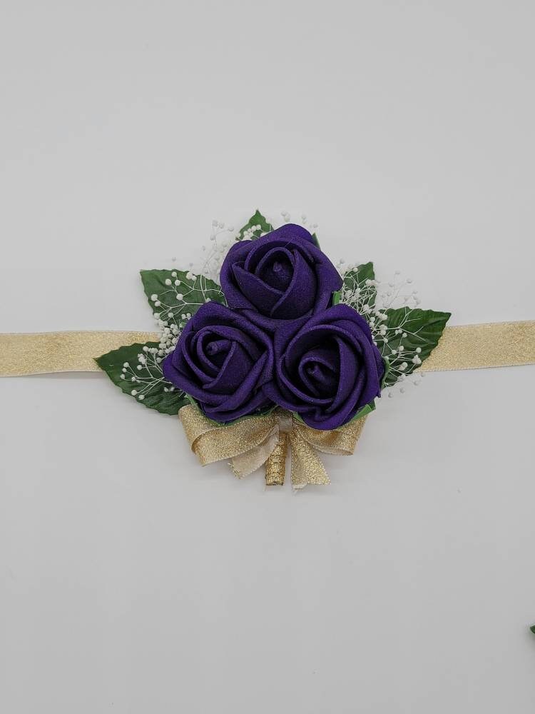Dark Purple And Gold Boutonnieres And Corsages, 27 Colors Available, Corsages Available In Pin On And Wrist,Matching Bouquets Available