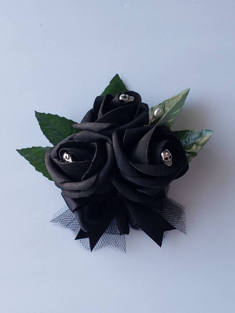 Gothic Skull White and Black Boutonnieres and Corsages, Corsages are Available in Pin on Or Wrist, Matching Bouquets Available