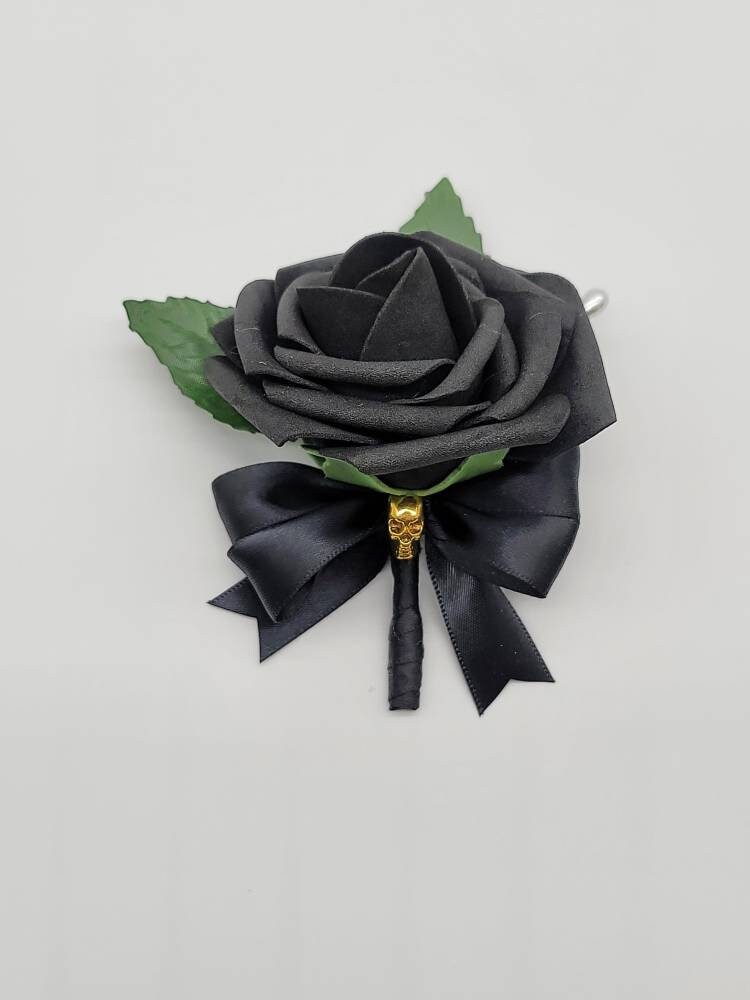 Gothic Skull Black Corsage and Boutonnieres, Corsages Available In Pin On And Wrist, Matching Bouquets Available