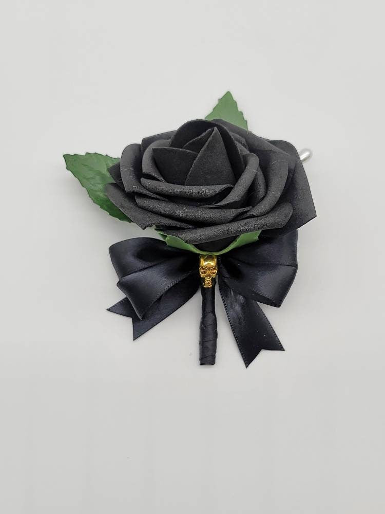 Gothic Skull Black Corsages and Boutonnieres, Corsages Available In Pin On And Wrist, Matching Bouquets Available