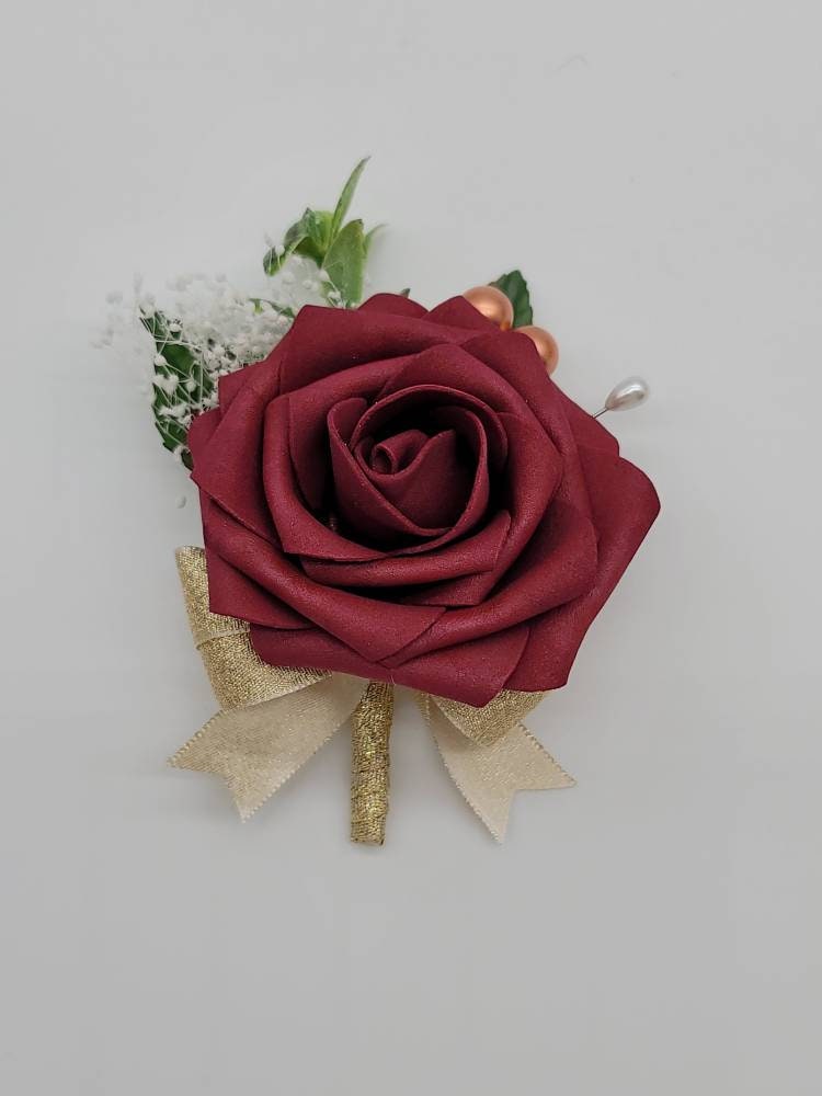 Ivory And Gold Boutonniere, Eucalyptus And Rose Gold Accents,Babais Breath, Matching Corsages And Bouquets Available 26 Colors Available,