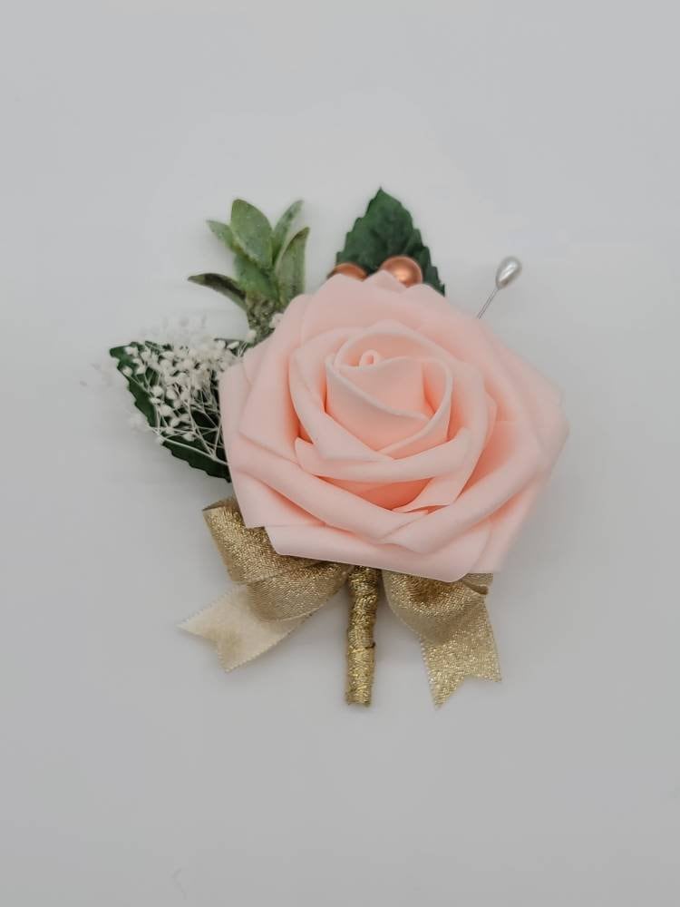 Ivory And Gold Boutonniere, Eucalyptus And Rose Gold Accents,Babais Breath, Matching Corsages And Bouquets Available 26 Colors Available,