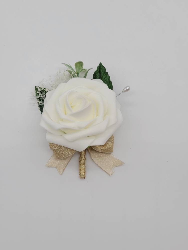 Navy and white Boutonniere With Eucalyptus And Babais Breath, Matching Corsages And Bouquets Available, 27 Colors Available,