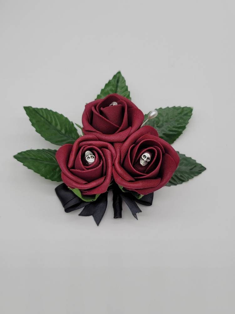 Gothic Burgundy And Black Skull Boutonnieres and Corsages, Gothic Wedding, Halloween, Matching Bouquets Available
