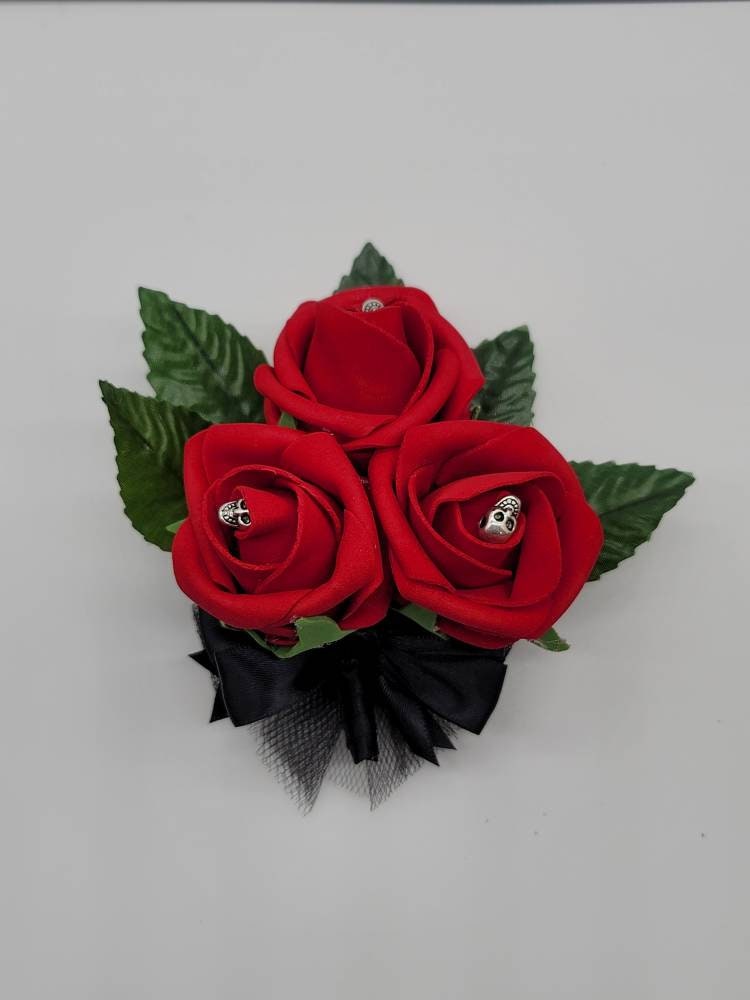 Gothic Skull Red And Black Boutonnieres and Corsages, Corsages available in pin on and wrist, Matching Bouquets Available