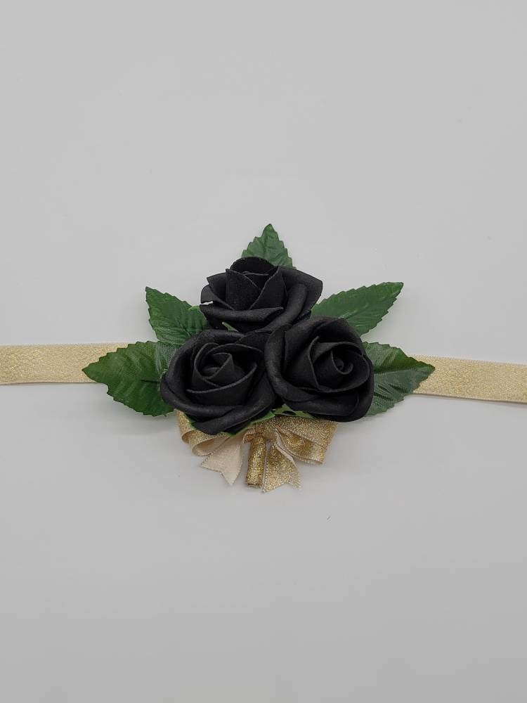 Black And Gold Boutonnieres And Corsages, Corsages Available In Pin On And Wrist, Matching Bouquets Available