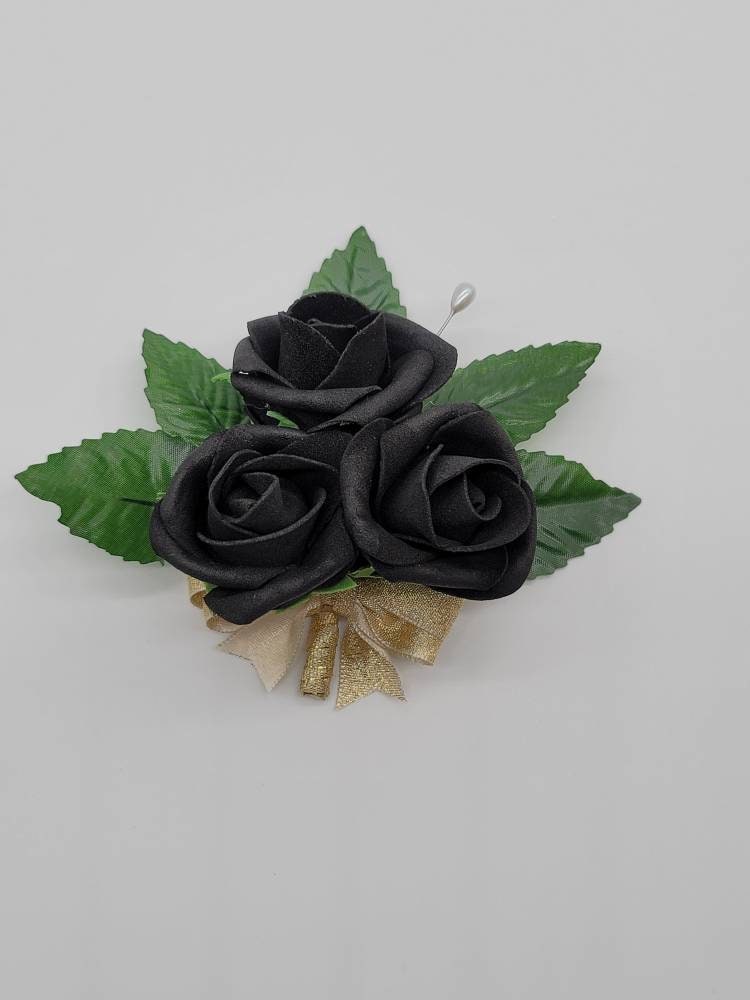 Black And Gold Boutonnieres And Corsages, Corsages Available In Pin On And Wrist, Matching Bouquets Available