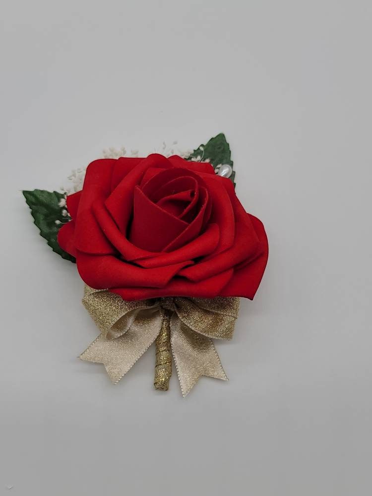 Red,Gold, and ivory Corsages And Boutonnieres,27 Colors Available, Corsages Available In Pin On And Wrist,Matching Bouquets Available