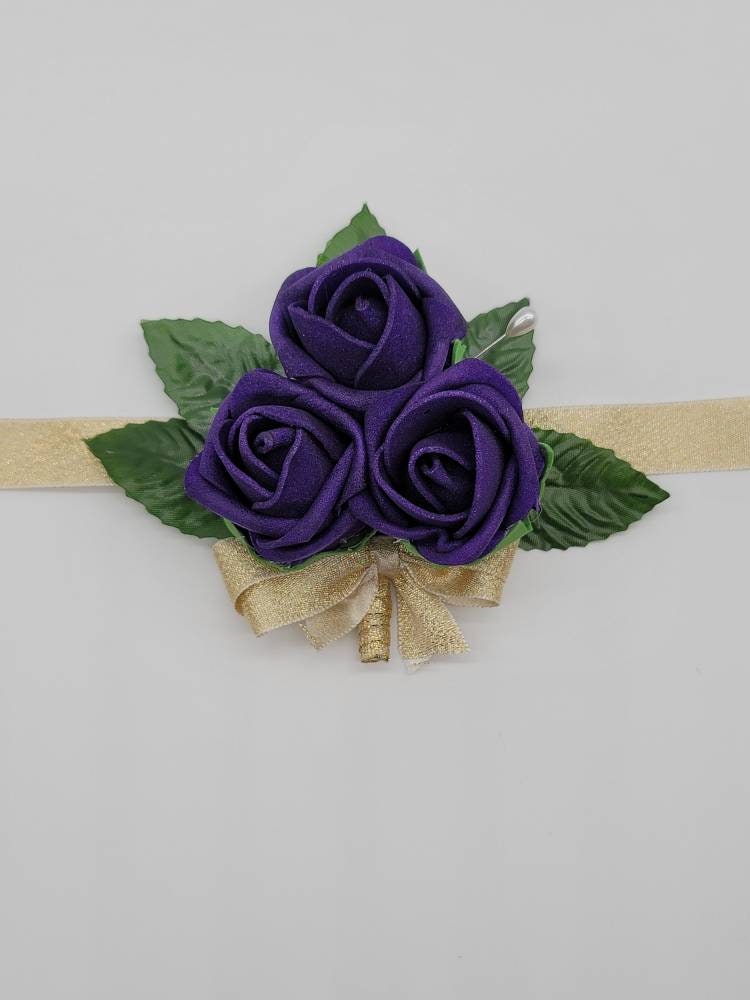 Dark Purple And Gold Boutonnieres And Corsages, 27 Colors Available, Corsages Available In Pin On And Wrist,Matching Bouquets Available