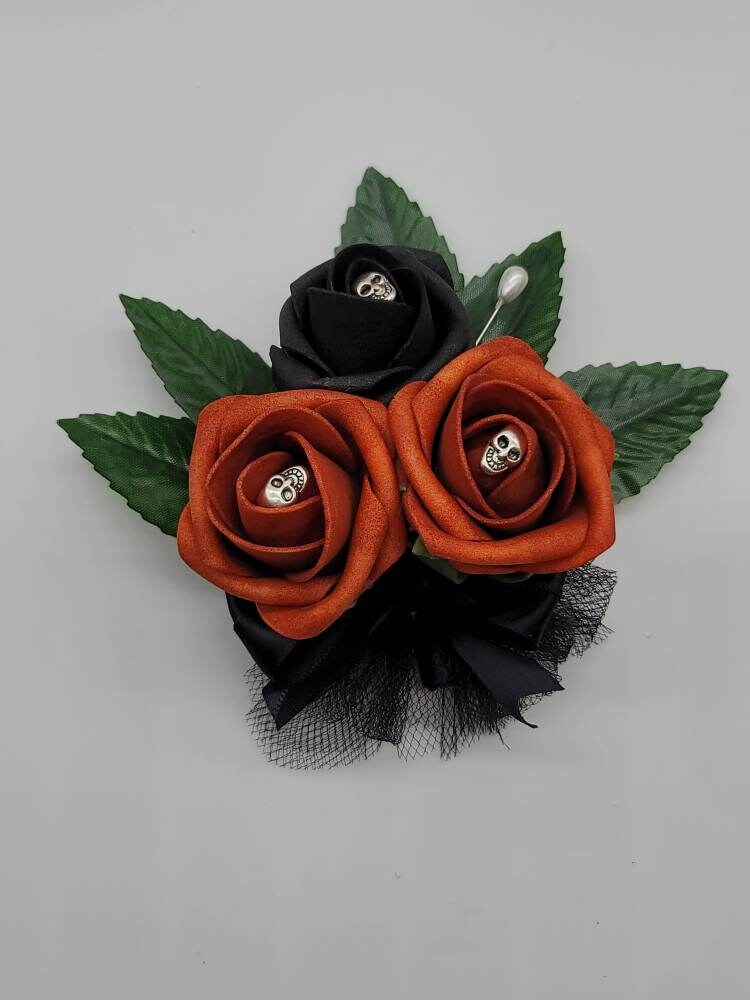 Gothic Skull Burnt Orange And Black Boutonnieres and Corsages, Corsages Available in Pin on and Wrist, Halloween Wedding