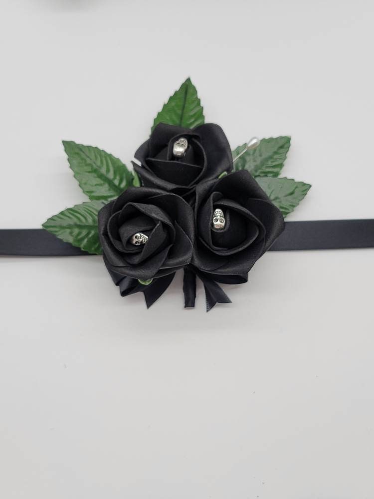 Gothic Skull White and Black Boutonnieres and Corsages, Corsages are Available in Pin on Or Wrist, Matching Bouquets Available