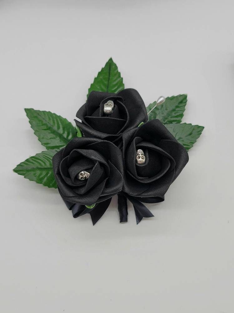 Gothic Skull White and Black Boutonnieres and Corsages, Corsages are Available in Pin on Or Wrist, Matching Bouquets Available