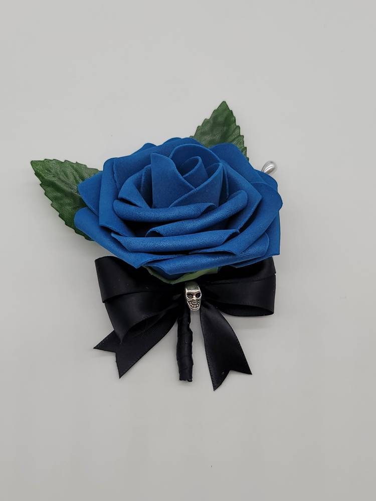 Gothic Skull Royal Blue And Black Wedding Bouquet, Bridal Bouquet, Bridesmaid Bouquet, Matching Corsages and Boutonnieres, Halloween Wedding