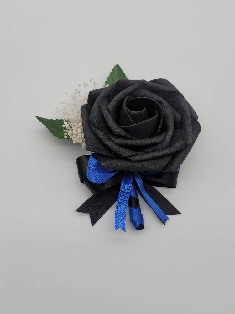 Black And Royal Blue corsage With French Twist Stem And Rhinestones On Roses. Men's Boutonniere,27 Colors Available,Matching Bouquets