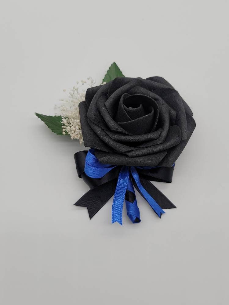 Black And Royal Blue corsage With French Twist Stem And Rhinestones On Roses. Men's Boutonniere,27 Colors Available,Matching Bouquets