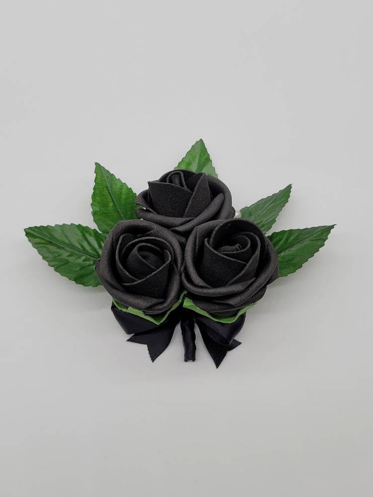 Black Corsages And Boutonnieres With Matching Bouquets Available In 27 Colors, Corsages Available In Pin On And Wrist