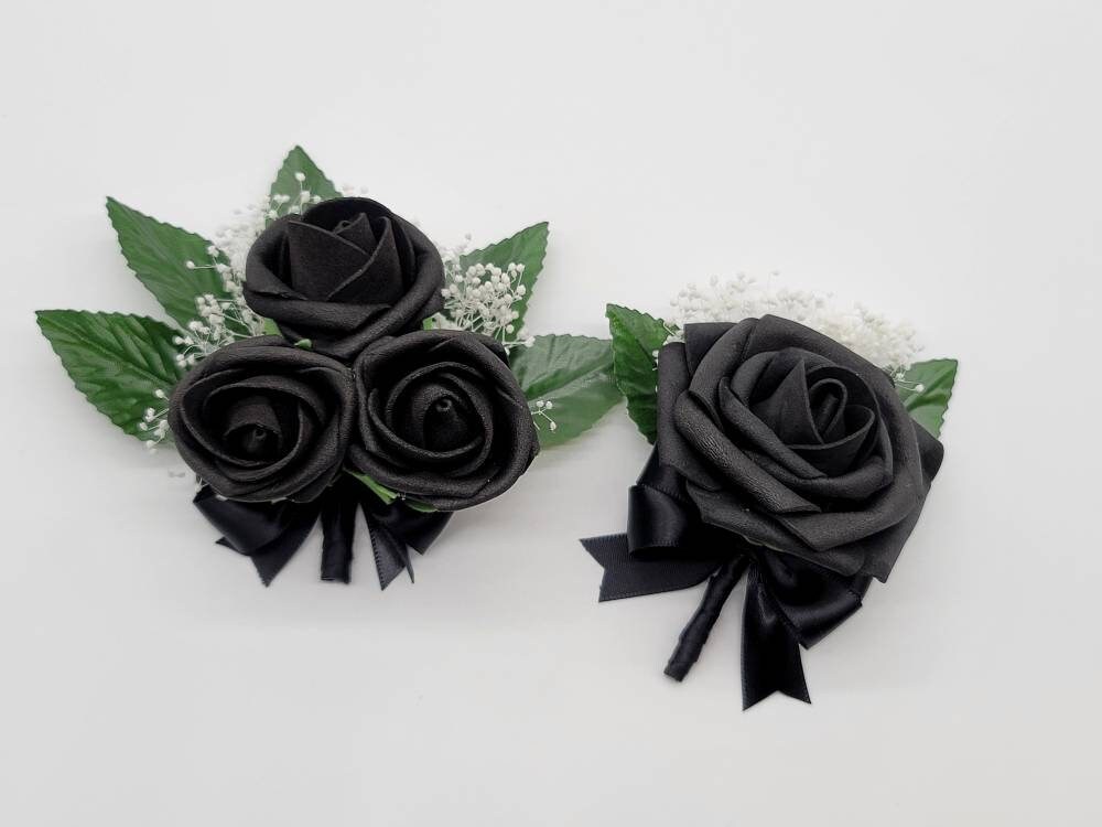 Black Boutonnieres And Corsages, Available In 27 Colors, Corsages Available In Pin On And Wrist,Matching Bouquets Available