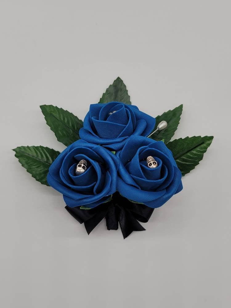 Gothic Skull Royal Blue And Black Wedding Bouquet, Bridal Bouquet, Bridesmaid Bouquet, Matching Corsages and Boutonnieres, Halloween Wedding