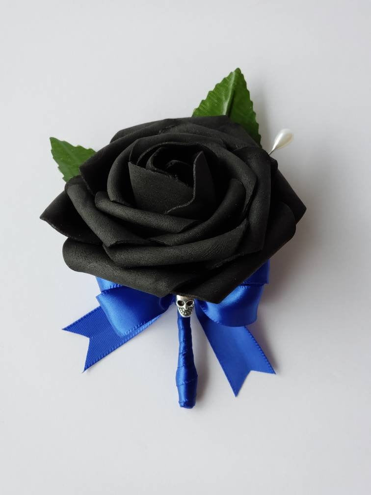 Gothic Royal Blue And Black Skull Wedding Bouquet, Bridal Bouquet, Bridesmaid Bouquet, Matching Boutonnieres and Corsages, Halloween Bouquet