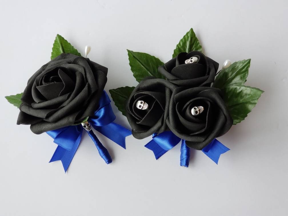 Gothic Skull Royal Blue And Black Wedding Bouquet, Bridal Bouquet, Bridesmaid Bouquet, Matching Corsages and Boutonnieres, Halloween Wedding