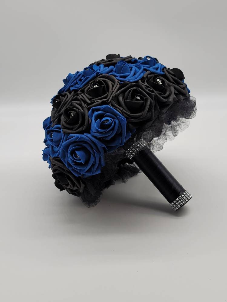Gothic Skull Royal Blue And Black Wedding Bouquet, Bridal Bouquet, Bridesmaid Bouquet, Matching Corsages and Boutonnieres, Halloween Wedding
