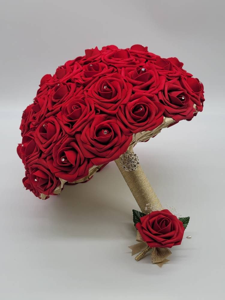 Red and Yellow Rose Boutonniere or Corsage: Gold Ribbon Accent