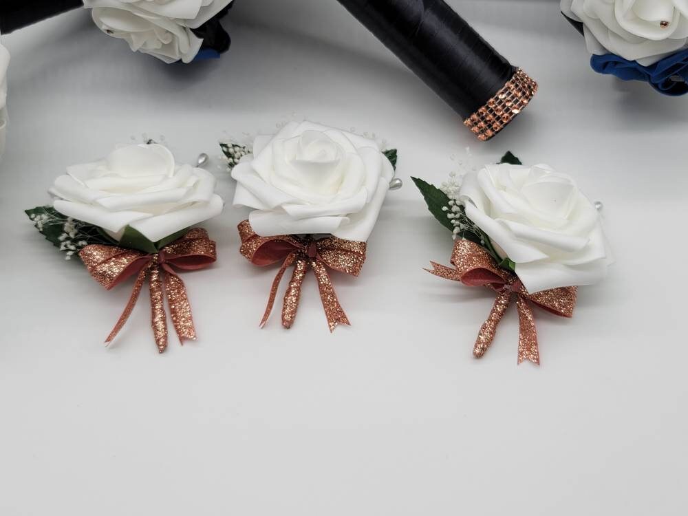White And Rose Gold Boutonnieres And Corsages,27 Colors Available, Corsages Available In Pin On And Wrist,Matching Bouquets Available