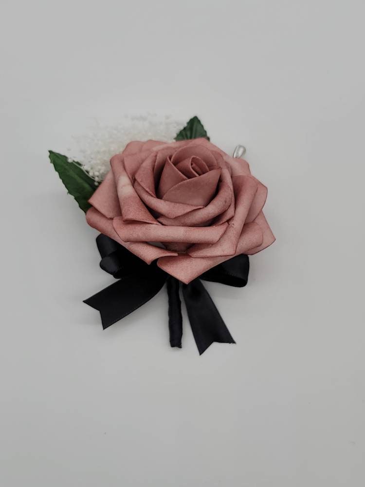 Dusty Rose, Black, and Ivory Wedding Bouquet-Modern Romantic Bridal Bouquet-Custom Colors Available-Boutonnieres and Corsages
