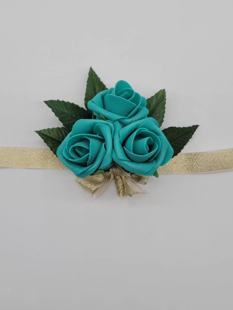 Teal And Gold Boutonnieres And Corsages, Available In 27 Colors, Corsages Available In Pin On And Wrist, Matching Bouquets Available